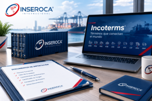 Contenedor y documentos de importación sobreun escritorio, con la sigla Incoterms en pantalla