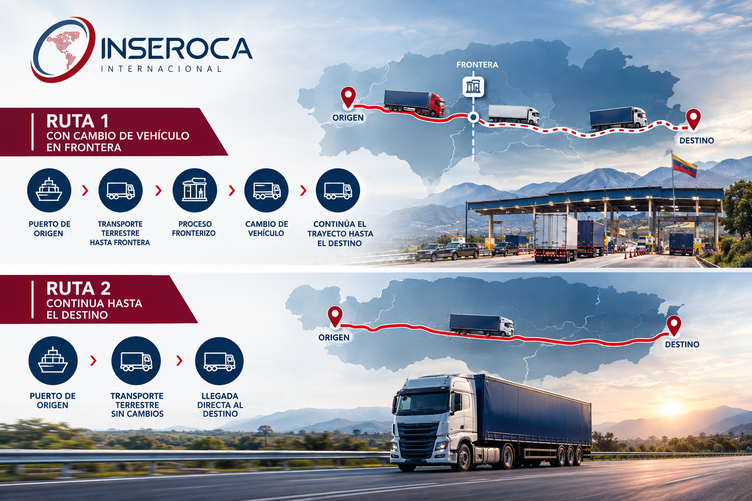 Esquema de dos rutas terrestres: una con cambio de vehículo en frontera y otra continua hasta el destino