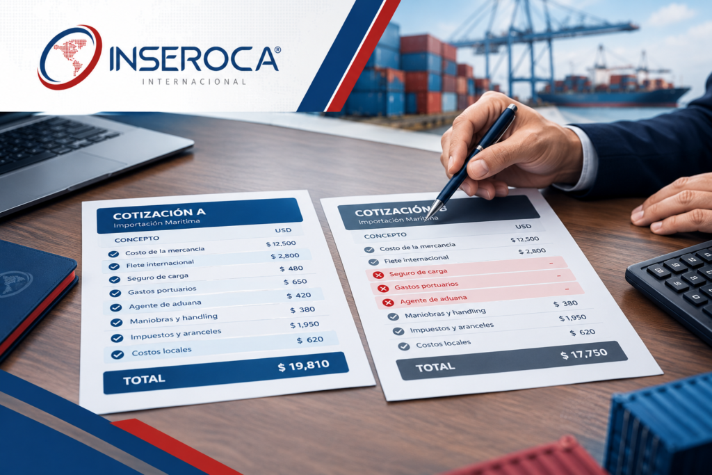Comparación de dos cotizaciones de importación con rubros resaltados que no aparecen en una de ell